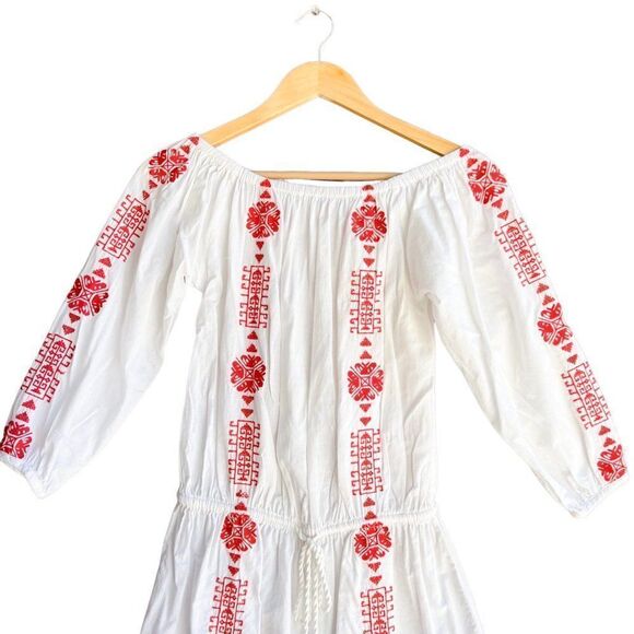 Pampelone Bardot White Red Embroidered Off the Shoulder Tunic Dress Cover Up - Picture 4 of 11